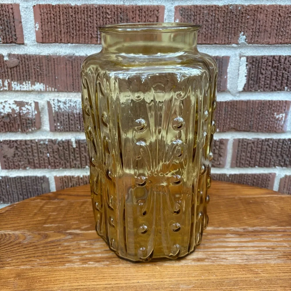 Le Smith Atterbury Scroll Amber Glass Vase Canister Vtg MCM No lid Replacement